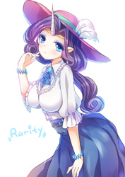 Size: 700x990 | Tagged: safe, artist:eminya, rarity, human, breasts, elf ears, female, horned humanization, humanized, pixiv, raritits, simple background, solo, white background