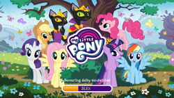 Size: 1280x720 | Tagged: safe, derpibooru import, applejack, fluttershy, pinkie pie, rainbow dash, rarity, twilight sparkle, twilight sparkle (alicorn), abyssinian, alicorn, butterfly, cat, earth pony, pegasus, pony, unicorn, game screencap, gameloft, loading screen, mane six, my little pony logo