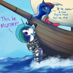 Size: 1200x1200 | Tagged: safe, artist:anticular, princess celestia, princess luna, alicorn, pony, ask sunshine and moonbeams, boat, bondage, clothes, duo, duo female, earring, eyes closed, female, hat, hook, international talk like a pirate day, mare, ocean, open mouth, pirate, rope, tumblr, unsexy bondage, water