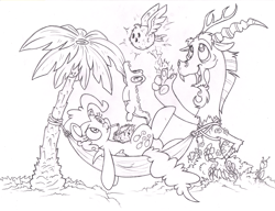 Size: 1953x1500 | Tagged: safe, artist:dfectivedvice, discord, gummy, pinkie pie, earth pony, pony, chaos, drink, grayscale, hammock, lineart, magic, monochrome, on back, pet, traditional art