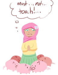 Size: 617x800 | Tagged: artist needed, safe, fluttershy, human, pig, animal, dialogue, hijab, humanized, islam, islamashy, light skin, request, thought bubble