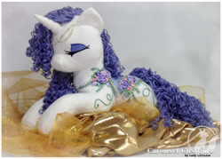 Size: 800x574 | Tagged: safe, artist:ladylittlefox, rarity, pony, unicorn, embroidery, eyes closed, irl, jewelry, photo, plushie, prone, solo