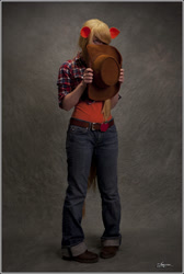 Size: 800x1192 | Tagged: safe, artist:grethe--b, applejack, human, clothes, cosplay, covering, irl, irl human, jeans, photo, solo