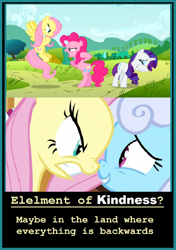 Size: 750x1064 | Tagged: safe, edit, edited screencap, screencap, fluttershy, linky, pinkie pie, rarity, shoeshine, earth pony, pegasus, pony, unicorn, putting your hoof down, bipedal, boop, motivational poster, noseboop, op is trying to start shit, the land where everything is backwards