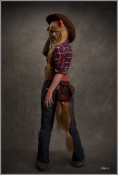 Size: 800x1192 | Tagged: safe, artist:grethe--b, applejack, human, clothes, cosplay, irl, irl human, jeans, photo, solo, tail