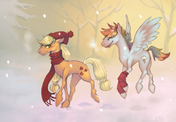 Size: 817x565 | Tagged: safe, artist:effsnares, derpibooru import, applejack, rainbow dash, earth pony, pegasus, pony, clothes, hat, scarf, snow, snowfall, socks, winter