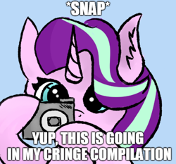 Size: 856x799 | Tagged: safe, artist:sunnzio, starlight glimmer, pony, unicorn, camera, cringe compilation, dialogue, exploitable meme, meme