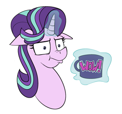 Size: 1985x1867 | Tagged: safe, artist:cowsrtasty, starlight glimmer, pony, unicorn, marks for effort, cup, faic, female, floppy ears, glowing horn, i mean i see, magic, mare, meme, mug, simple background, solo, telekinesis, white background, wow! glimmer