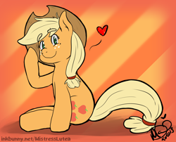 Size: 1440x1164 | Tagged: safe, artist:mistresslutea, applejack, earth pony, pony, applejack appreciation day, heart, sitting, solo