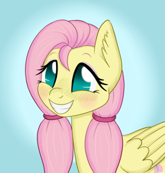 Size: 950x1000 | Tagged: safe, artist:marindashy, fluttershy, pegasus, pony, alternate hairstyle, blushing, cute, eyeshadow, female, fluttershy answers, gradient background, grin, mare, pigtails, shyabetes, smiling, solo, squee