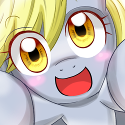 Size: 600x600 | Tagged: safe, artist:jurisalis, derpy hooves, pegasus, pony, bust, cute, derpabetes, female, hug, looking at you, mare, open mouth, smiling, solo