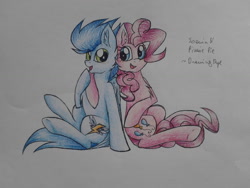 Size: 1024x768 | Tagged: safe, artist:tenebristayga, pinkie pie, soarin', earth pony, pony, female, hug, male, old cutie mark, shipping, soarinpie, straight, traditional art