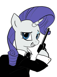 Size: 413x554 | Tagged: safe, rarity, pony, unicorn, artifact, clothes, crossover, dexterous hooves, gun, solo, weapon, who needs trigger fingers