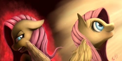 Size: 1600x800 | Tagged: safe, artist:miokomata, fluttershy, pegasus, pony, angry, duality, fangs