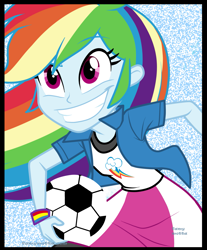 Size: 1749x2110 | Tagged: safe, artist:famymotta, artist:lunchie, derpibooru import, rainbow dash, equestria girls, rainbow rocks, ball, clothes, compression shorts, female, skirt, solo