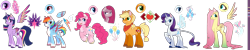 Size: 1600x320 | Tagged: safe, artist:solareflares, derpibooru import, applejack, fluttershy, pinkie pie, rainbow dash, rarity, twilight sparkle, twilight sparkle (alicorn), alicorn, earth pony, pegasus, pony, unicorn, cutie mark, eyeshadow, magic, makeup, mane six, pinkamena diane pie, redesign, simple background, standing, transparent background