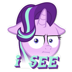 Size: 977x977 | Tagged: safe, artist:the smiling pony, derpibooru exclusive, edit, starlight glimmer, pony, unicorn, marks for effort, :i, caption, faic, female, floppy ears, i mean i see, looking at you, mare, reaction, simple background, solo, sticker, transparent background, vector