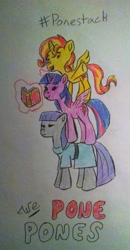 Size: 2017x3881 | Tagged: safe, artist:erenerakhard, derpibooru exclusive, maud pie, sunset shimmer, twilight sparkle, twilight sparkle (alicorn), alicorn, alicornified, hashtag, race swap, shimmercorn, traditional art, we bare bears