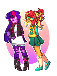 Size: 960x1280 | Tagged: safe, alternate version, artist:jackytheripperart, sci-twi, sunset shimmer, twilight sparkle, equestria girls, alternate costumes, alternate hairstyle, clothes swap, female, glasses, lesbian, palette swap, recolor, scitwishimmer, shipping, smiling, sunsetsparkle