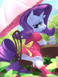 Size: 948x1268 | Tagged: safe, artist:aymint, rarity, pony, semi-anthro, unicorn, bow, chair, clothes, dress, ear fluff, female, food, looking back, looking down, mare, open mouth, pixiv, sitting, socks, solo, table, tea, teacup, umbrella