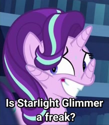 Size: 1258x1440 | Tagged: safe, edit, edited screencap, screencap, starlight glimmer, unicorn, the crystalling, cropped, freak, meme, multiple horns, nervous, question, silly, sweat, teeth, text, wat