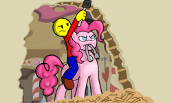 Size: 900x540 | Tagged: safe, artist:equinox23, pinkie pie, earth pony, pony, blockhead, crossover, fanfic art, sugarcube corner, tongs