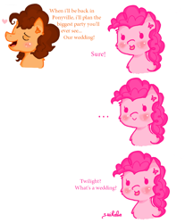 Size: 722x873 | Tagged: safe, artist:suikaba, cheese sandwich, pinkie pie, earth pony, pony, blushing, cheesepie, comic, female, heart, male, marriage proposal, oblivious, shipping, straight