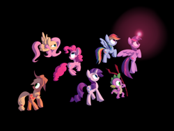 Size: 1024x768 | Tagged: safe, artist:animation100, derpibooru import, applejack, fluttershy, pinkie pie, rainbow dash, rarity, spike, twilight sparkle, twilight sparkle (alicorn), alicorn, dragon, earth pony, pegasus, pony, unicorn, black background, female, mane six, mare, simple background, tree branch