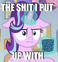 Size: 415x443 | Tagged: safe, edit, edited screencap, screencap, starlight glimmer, pony, unicorn, marks for effort, caption, cropped, cup, female, floppy ears, i mean i see, image macro, magic, mare, meme, mug, poker face, solo, swearing, telekinesis, vulgar