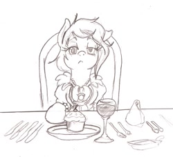 Size: 851x774 | Tagged: safe, artist:i am nude, derpy hooves, pegasus, pony, alcohol, clothes, cupcake, cutlery, dress, fancy, female, food, mare, monochrome, sketch, solo, table, traditional art, wine