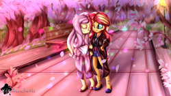 Size: 3840x2160 | Tagged: safe, artist:katakiuchi4u, fluttershy, sunset shimmer, equestria girls, clothes, eyes closed, female, flower petals, kimono (clothing), lesbian, shipping, smiling, sunshyne, tree