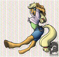 Size: 911x877 | Tagged: safe, artist:japandragon, applejack, anthro, earth pony, unguligrade anthro, applejack's hat, clothes, cowboy hat, hat, hooves, solo, stetson, underhoof