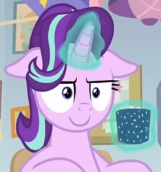 Size: 1002x1070 | Tagged: safe, edit, edited screencap, screencap, starlight glimmer, pony, unicorn, marks for effort, cropped, cup, female, floppy ears, glowing horn, happy, i mean i see, inverted mouth, magic, mare, smiling, solo, telekinesis