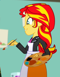 Size: 508x650 | Tagged: safe, screencap, sunset shimmer, eqg summertime shorts, equestria girls, the art of friendship, apron, clothes, cropped, easel, paint, paintbrush, solo