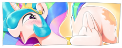 Size: 1201x481 | Tagged: dead source, safe, artist:sunibee, princess celestia, alicorn, pony, cute, cutelestia, female, happy, mare, open mouth, smiling, solo, sunbutt