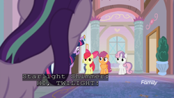 Size: 1920x1080 | Tagged: safe, screencap, apple bloom, scootaloo, starlight glimmer, sunset shimmer, sweetie belle, twilight sparkle, twilight sparkle (alicorn), alicorn, pony, unicorn, marks for effort, caption, closed captioning, error, lazy, you had one job