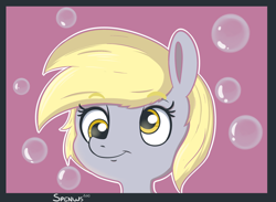 Size: 1280x939 | Tagged: safe, artist:spenws, derpy hooves, pegasus, pony, bubble, female, mare, smiling, solo