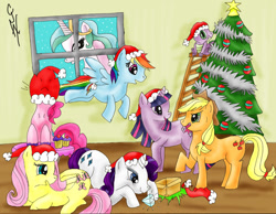 Size: 900x699 | Tagged: safe, artist:hoodedtomsi, derpibooru import, applejack, fluttershy, pinkie pie, princess celestia, rainbow dash, rarity, spike, twilight sparkle, alicorn, dragon, earth pony, pegasus, pony, unicorn, christmas, hat, mane six, santa hat