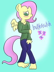 Size: 1024x1365 | Tagged: safe, artist:xylophon, butterscotch, fluttershy, anthro, plantigrade anthro, adorascotch, barefoot, blushing, clothes, cute, feet, femboy, male, male feet, pigeon toed, rule 63, rule63betes, solo, sweater, sweatershy