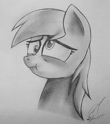 Size: 525x595 | Tagged: safe, artist:cmpony, derpy hooves, pegasus, pony, female, mare, monochrome, scrunchy face, solo, traditional art