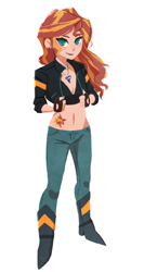 Size: 724x1360 | Tagged: safe, artist:hirosi41, sunset shimmer, equestria girls, alternative cutie mark placement, belly button, boots, clothes, cutie mark, cutie mark on human, female, fingerless gloves, gloves, jeans, jewelry, lipstick, looking at you, midriff, necklace, pants, shoes, simple background, smiling, solo, white background