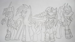 Size: 2592x1456 | Tagged: safe, artist:pikashoe90, derpibooru import, applejack, pinkie pie, rainbow dash, twilight sparkle, earth pony, pegasus, pony, armor, monochrome, pinkamena diane pie, sonic and the black knight, sonic the hedgehog (series), sword, traditional art