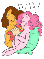 Size: 1024x1365 | Tagged: safe, artist:dragonfoxgirl, cheese sandwich, pinkie pie, earth pony, pony, accordion, blushing, cheesepie, eyes closed, female, hoof hold, male, mare, music, musical instrument, on back, open mouth, pillow, pregnant, shipping, simple background, smiling, stallion, straight, transparent background