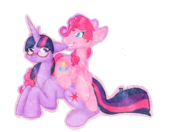 Size: 670x515 | Tagged: safe, artist:flow3r-child, derpibooru import, pinkie pie, twilight sparkle, earth pony, pony, ear bite, female, glasses, male, rule 63, shipping, snuggling, straight, twinkie