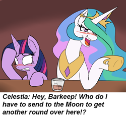 Size: 650x593 | Tagged: safe, artist:reiduran, edit, princess celestia, twilight sparkle, alicorn, pony, bar, blushing, caption, drunk, drunk celestia, drunklestia, embarrassed