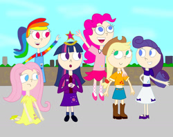 Size: 1700x1344 | Tagged: safe, artist:04startyonlinebc88, derpibooru import, applejack, fluttershy, pinkie pie, rainbow dash, rarity, twilight sparkle, human, clothes, dress, humanized, midriff, skirt