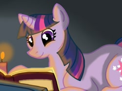 Size: 950x710 | Tagged: safe, artist:woofstep, derpibooru import, twilight sparkle, book, candle, candlelight, reading, solo