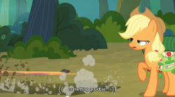 Size: 640x355 | Tagged: safe, screencap, applejack, scootaloo, earth pony, pony, meme, solo, youtube caption