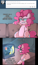 Size: 700x1210 | Tagged: safe, artist:uc77, pinkie pie, earth pony, pony, ask, ask hotblooded pinkie, dialogue, hotblooded pinkie pie, inferno cop, lidded eyes, sitting, sofa, television, tumblr