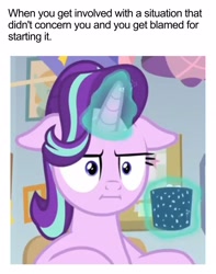 Size: 1832x2322 | Tagged: safe, edit, edited screencap, screencap, starlight glimmer, pony, unicorn, marks for effort, :i, cropped, cup, female, floppy ears, glowing horn, i mean i see, magic, mare, meme, solo, telekinesis